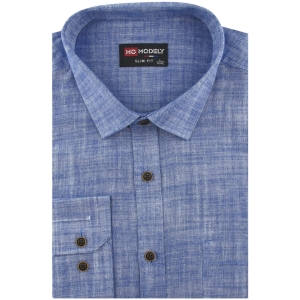 Lniana Koszula Męska Codzienna Casual niebieska z długim rękawem w kroju SLIM FIT Modely J434
