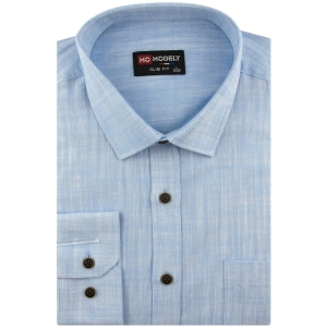 Lniana Koszula Męska Codzienna Casual błękitna z długim rękawem w kroju SLIM FIT Modely J435