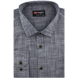 Lniana Koszula Męska Codzienna Casual grafitowa z długim rękawem w kroju SLIM FIT Modely J436