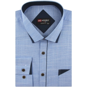 Lniana Koszula Męska Codzienna Casual niebieska z lamówką z długim rękawem w kroju SLIM FIT Modely J437