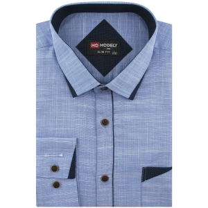Lniana Koszula Męska Codzienna Casual niebieska z lamówką z długim rękawem w kroju SLIM FIT Modely J439