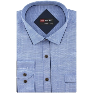 Lniana Koszula Męska Codzienna Casual niebieska z lamówką z długim rękawem w kroju SLIM FIT Modely J441