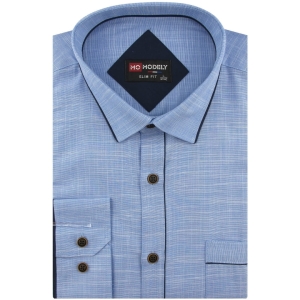 Lniana Koszula Męska Codzienna Casual niebieska z lamówką z długim rękawem w kroju SLIM FIT Modely J443