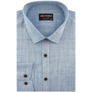 Lniana Koszula Męska Codzienna Casual błękitna z długim rękawem w kroju SLIM FIT Modely J445