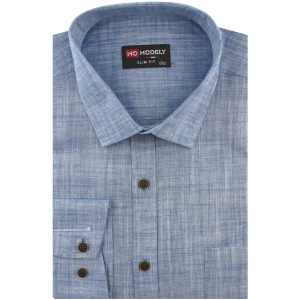 Lniana Koszula Męska Codzienna Casual niebieska z długim rękawem w kroju SLIM FIT Modely J448