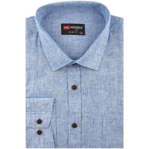 Lniana Koszula Męska Codzienna Casual niebieska z długim rękawem w kroju SLIM FIT Modely J449