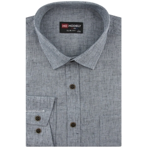 Lniana Koszula Męska Codzienna Casual grafitowa z długim rękawem w kroju SLIM FIT Modely J451