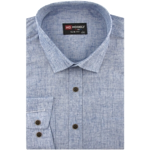 Lniana Koszula Męska Codzienna Casual niebieska z długim rękawem w kroju SLIM FIT Modely J452