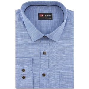 Lniana Koszula Męska Codzienna Casual niebieska z długim rękawem w kroju SLIM FIT Modely J456