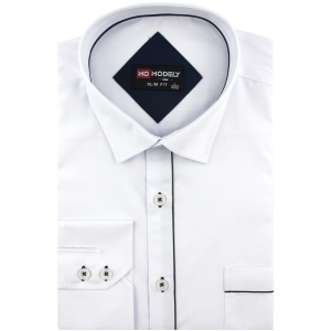 Koszula Męska Elegancka Wizytowa do garnituru gładka biała z lamówką z długim rękawem w kroju SLIM FIT Modely J461