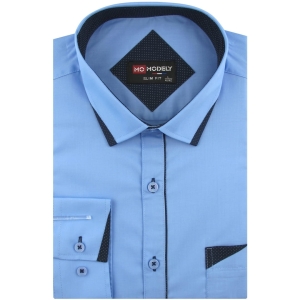Koszula Męska Elegancka Wizytowa do garnituru gładka niebieska z lamówką z długim rękawem w kroju SLIM FIT Modely J465