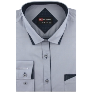 Koszula Męska Elegancka Wizytowa do garnituru gładka szara z lamówką z długim rękawem w kroju SLIM FIT Modely J466