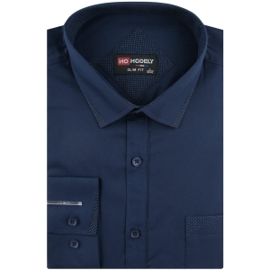 Koszula Męska Elegancka Wizytowa do garnituru gładka granatowa z lamówką z długim rękawem w kroju SLIM FIT Modely J467
