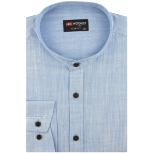 Lniana Koszula Męska Codzienna Casual błękitna ze stójką z długim rękawem w kroju SLIM FIT Modely J470