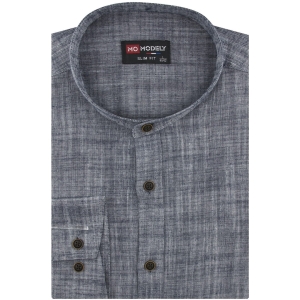 Lniana Koszula Męska Codzienna Casual grafitowa ze stójką z długim rękawem w kroju SLIM FIT Modely J471