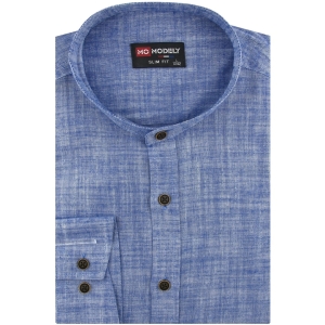 Lniana Koszula Męska Codzienna Casual niebieska ze stójką z długim rękawem w kroju SLIM FIT Modely J472