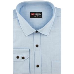 Lniana Koszula Męska Codzienna Casual błękitna z długim rękawem w kroju SLIM FIT Modely J474