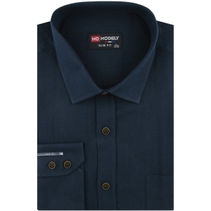 Lniana Koszula Męska Codzienna Casual granatowa z długim rękawem w kroju SLIM FIT Modely J475