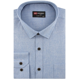 Lniana Koszula Męska Codzienna Casual niebieska z długim rękawem w kroju SLIM FIT Modely J478