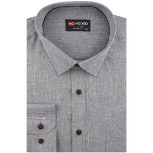 Lniana Koszula Męska Codzienna Casual szara z długim rękawem w kroju SLIM FIT Modely J480