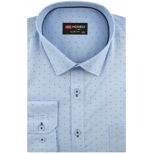 Koszula Męska Elegancka Wizytowa do garnituru niebieska we wzorki z długim rękawem w kroju SLIM FIT Modely J482