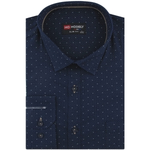 Koszula Męska Elegancka Wizytowa do garnituru granatowa we wzorki z długim rękawem w kroju SLIM FIT Modely J483