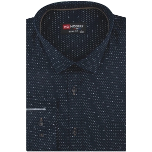 Koszula Męska Elegancka Wizytowa do garnituru granatowa we wzorki z długim rękawem w kroju SLIM FIT Modely J485