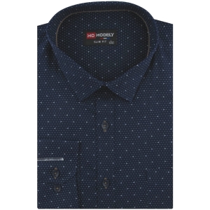 Koszula Męska Elegancka Wizytowa do garnituru granatowa we wzorki z długim rękawem w kroju SLIM FIT Modely J488