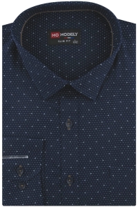 Koszula Męska Elegancka Wizytowa do garnituru granatowa we wzorki z długim rękawem w kroju SLIM FIT Modely J488