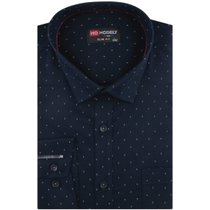 Koszula Męska Elegancka Wizytowa do garnituru granatowa we wzorki z długim rękawem w kroju SLIM FIT Modely J489