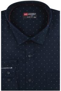 Koszula Męska Elegancka Wizytowa do garnituru granatowa we wzorki z długim rękawem w kroju SLIM FIT Modely J489