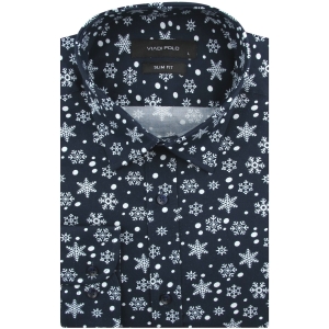 Koszula Męska Elegancka na Święta granatowa z Motywem Świątecznym z długim rękawem w kroju SLIM FIT Viadi Polo J872