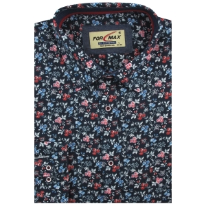 Koszula Męska Elegancka Wizytowa do garnituru granatowa w kwiatki z długim rękawem w kroju REGULAR Formax J906