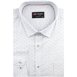 Koszula Męska Elegancka Wizytowa do garnituru biała w kropki wzorki z długim rękawem w kroju SLIM FIT Modely J914