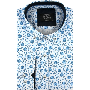 Koszula Męska Elegancka Wizytowa do garnituru biała w turkusowe kwiaty z długim rękawem w kroju SLIM FIT Classo J989