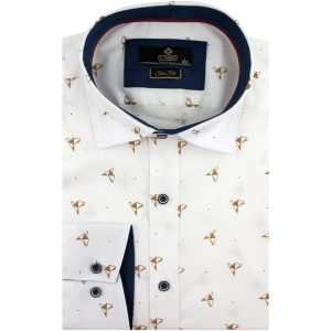 Koszula Męska Elegancka Wizytowa do garnituru ekri ecru we wzorki z długim rękawem w kroju SLIM FIT Classo J998