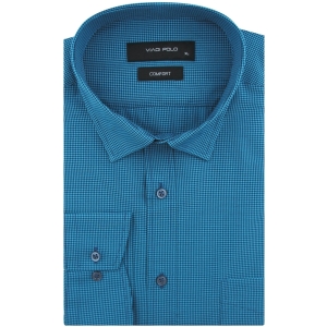 Koszula Męska Elegancka Wizytowa do garnituru turkusowa w drobną kratkę z długim rękawem w kroju SLIM FIT Viadi Polo J955