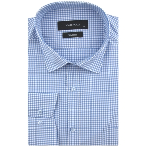 Koszula Męska Elegancka Wizytowa do garnituru błękitna w kratkę z długim rękawem w kroju SLIM FIT Viadi Polo J958