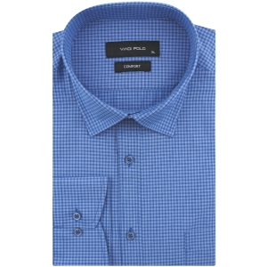 Koszula Męska Elegancka Wizytowa do garnituru niebieska w drobną kratkę z długim rękawem w kroju SLIM FIT Viadi Polo J969