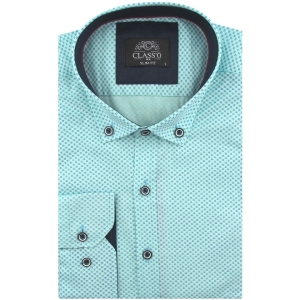 Koszula Męska Elegancka Wizytowa do garnituru turkusowa we wzorki z długim rękawem w kroju SLIM FIT Classo J994