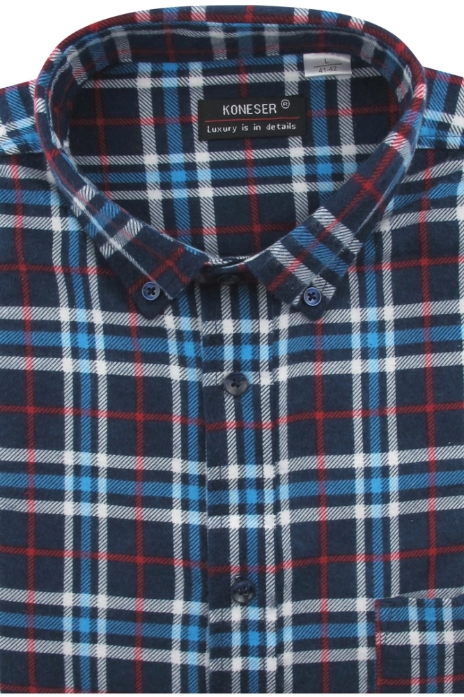 Flanelowa-Koszula-Męska-Codzienna-Casual-gładka-granatowa-w-kratkę-z-długim-rękawem-w-kroju-REGULAR-IMG_8128.JPG
