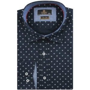 Koszula Męska Elegancka Wizytowa do garnituru granatowa we wzorki z długim rękawem w kroju SLIM FIT Classo L028