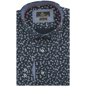 Koszula Męska Elegancka Wizytowa do garnituru granatowa we wzorki z długim rękawem w kroju SLIM FIT Classo L030