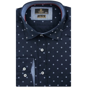 Koszula Męska Elegancka Wizytowa do garnituru granatowa we wzorki z długim rękawem w kroju SLIM FIT Classo L034