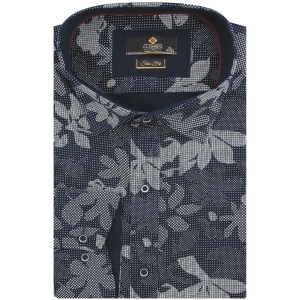 Koszula Męska Elegancka Wizytowa do garnituru granatowa w kwiatki z długim rękawem w kroju SLIM FIT Classo L108