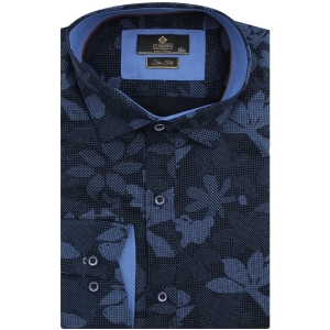 Koszula Męska Elegancka Wizytowa do garnituru granatowa w kwiatki z długim rękawem w kroju SLIM FIT Classo L111