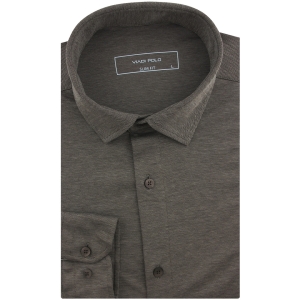 Koszula Męska Codzienna Casual dzianinowa gładka brązowa z długim rękawem w kroju SLIM FIT Viadi Polo L132