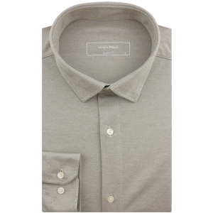 Koszula Męska Codzienna Casual dzianinowa gładka beżowa z długim rękawem w kroju SLIM FIT Viadi Polo L133