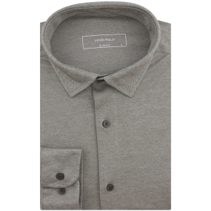 Koszula Męska Codzienna Casual dzianinowa gładka brązowa z długim rękawem w kroju SLIM FIT Viadi Polo L134