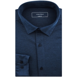 Koszula Męska Codzienna Casual dzianinowa gładka granatowa z długim rękawem w kroju SLIM FIT Viadi Polo L137